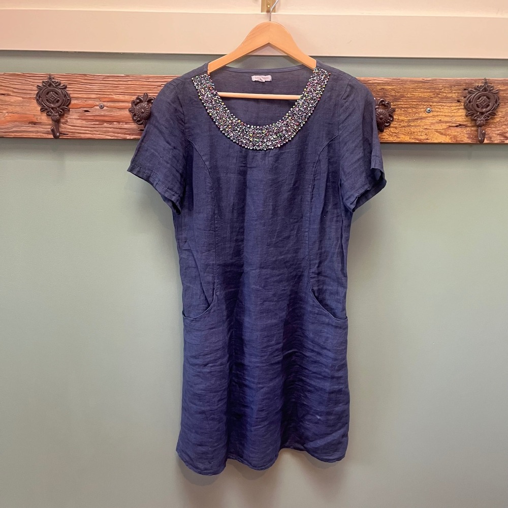 Lina Tomei Italy Navy Blue 100% Linen Beaded Neckline Shift Dress Pockets Small